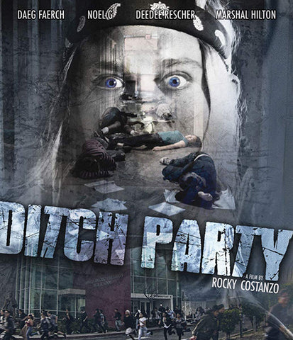 Ditch Party movie poster, double exposure of teen shooter's face and school hallway filled with bodies