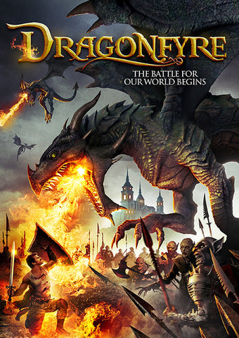 Dragonfyre movie poster, kneeling hero with sword holds shield aloft to block a dragon breathing fire on him as a line of orcs march past, in the background is a castle and more dragons