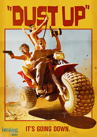 Dust Up movie poster, three main good guys with weapons ride into battle on a 3-wheeler in the desert