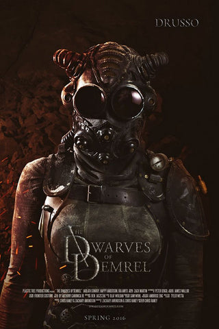 Dwarves of Dremrel movie cover. A closeup of one of the main characters, a human, wearing leather armor and an intricate breathing helmet with huge eyes.