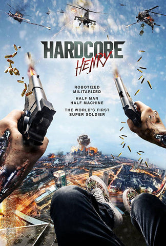 Hardcore Henry cover. First person view of Henry's feet and hands as he is falling through the sky shooting guns at combat helicopters.