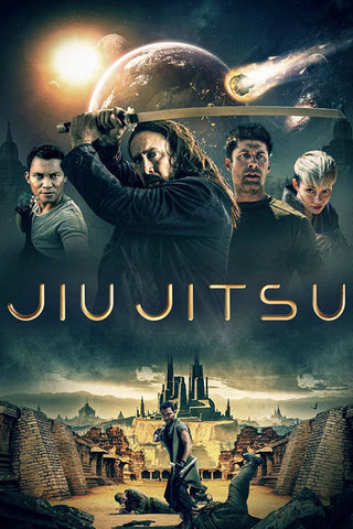 Jiu Jitsu move poster, collage, main characters in martial arts poses, solar system behind them, temple scene down below
