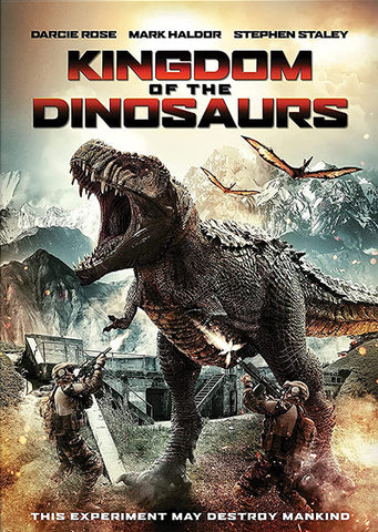 Kingdom of the Dinosaurs movie poster. T-Rex attacking two men with machine guns.
