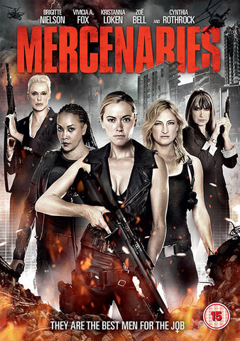 Mercenaries movie poster. Main characters with weapons in a V-formation.