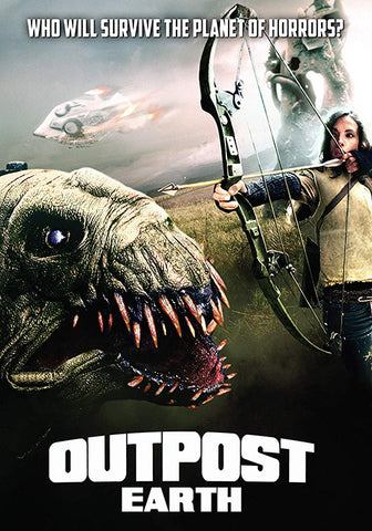 Outpost Earth movie poster, main heroine pointing bow at alien creature in foreground, with alien spaceship and base in background