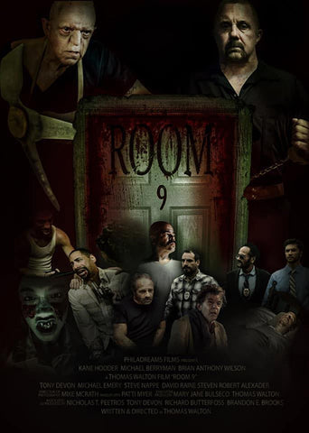 Room 9 movie poster with a centered room 9 door dripping blood surrounded by a collage of characters from the movie.