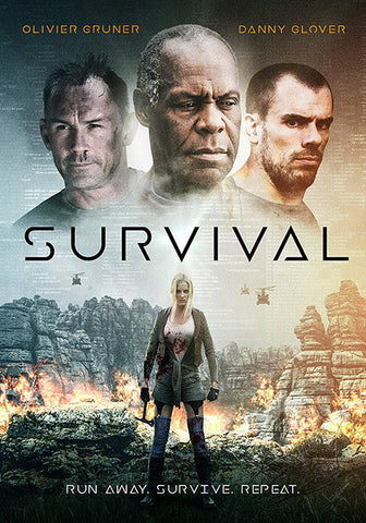 Survival (2016) movie poster, main character in foreground holding hatchet, in background are cliffs on fire and helicopters