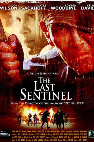 The Last Sentinel movie cover. Collage with closeups of the two battle-worn main characters on top and a city scene below of drones walking down a street with flaming vehicles behind them.