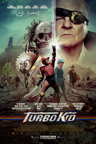 Turbokid movie poster, collage of main characters with main character in center, arm upraised, shooting a bolt of energy to the sky