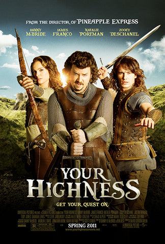 Your Highness movie poster. The trio of main heroes stand in formation in armor and weapons at the ready.