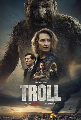 Troll movie cover with a central collage of main characters overlaying the troll creature in the background