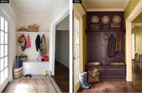 two photos of home entrances with seat, shoes, bench, and coats hanging up