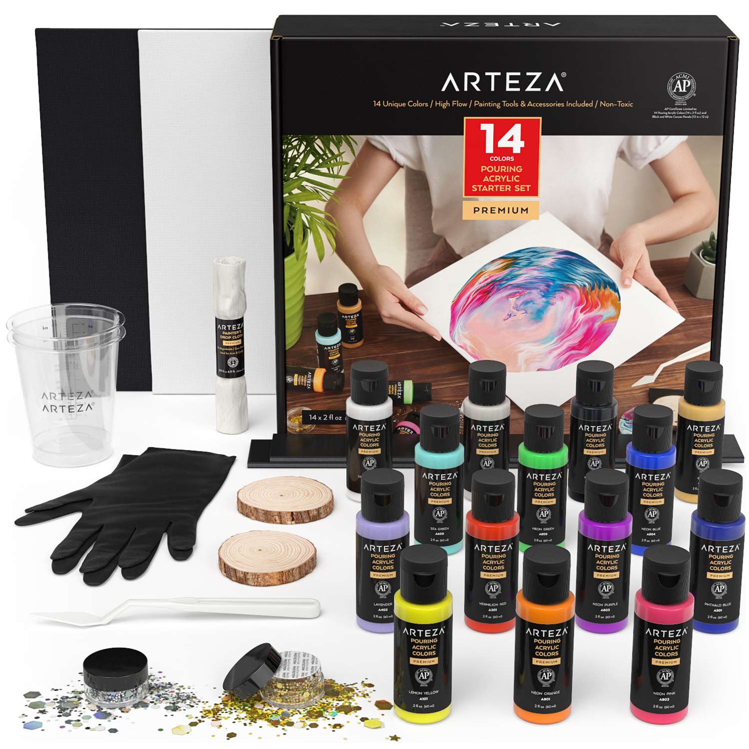 Arteza Pouring Acrylic Paint, Iridescent Vibrant Tones, 4oz Bottles - Set of 4