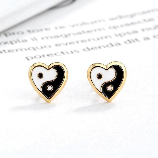 Gold Heart Shaped Stud Earrings Yin Yang Paradise