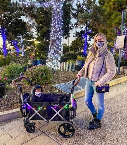 seeing holiday lights in a stroller wagon