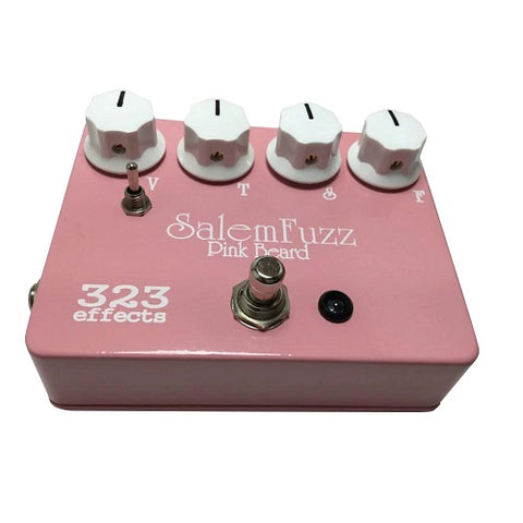 Pure Salem Pink Beard fuzz. Rectangle enclosure, pink powdercoats, 4 white knobs, toggle switch, and silver footswitch.