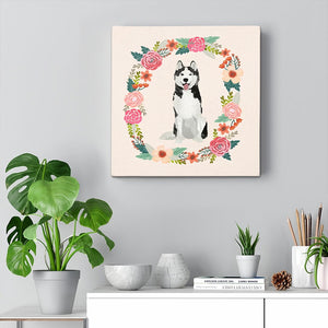 Dog Square Canvas - Husky Floral Wreath Spring - Canvas Print - Canvas With Dogs On It - Dog Canvas Art - Furlidays