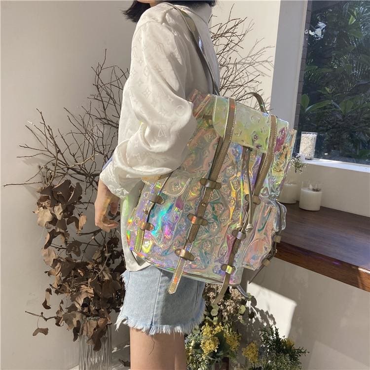 Cool Trendy Colorful Old Flower Pattern Laser Transparent Travel Backpack MK0806 - KawaiiMoriStore