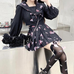 Cute Cool Preppy Style Girls Black Bow Print Top Skirt Lolita JK Uniform Suit MM0886 - KawaiiMoriStore
