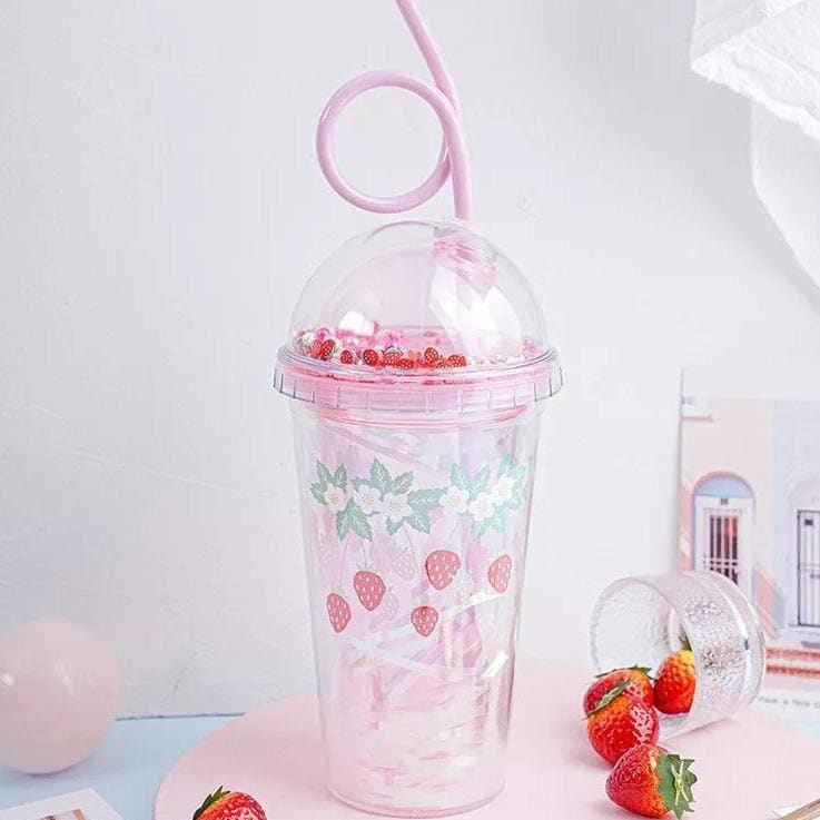 Glass cup strawberry straw set cute kawaii 300ml cup 1pc