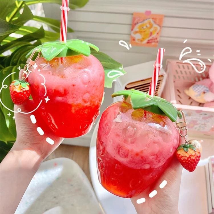 Cute Strawberry Glass Water Cup with Straw and Lid Portable Heat