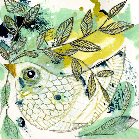 mixed media illustration of a white dove carrying an olive branch by artist Isabel Lopes
