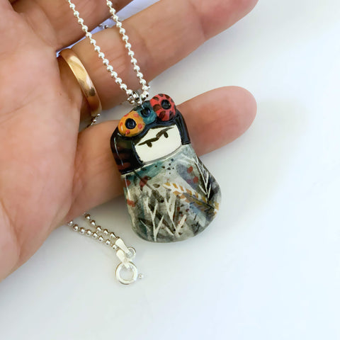 small ceramic pendant Frida Kahlo inspired by South Australia artist Isabel Lopes