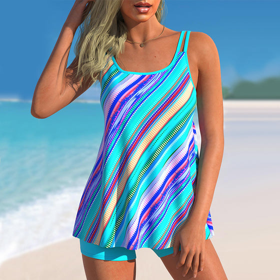 Tankini set with geometric stripe print