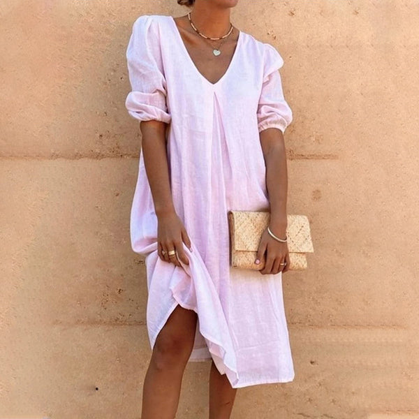 Solid-colored midi dress with V-neck