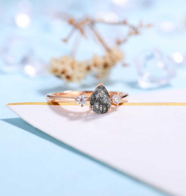 Pear Black Rutilated Quartz Engagement Ring for Women Vintage 