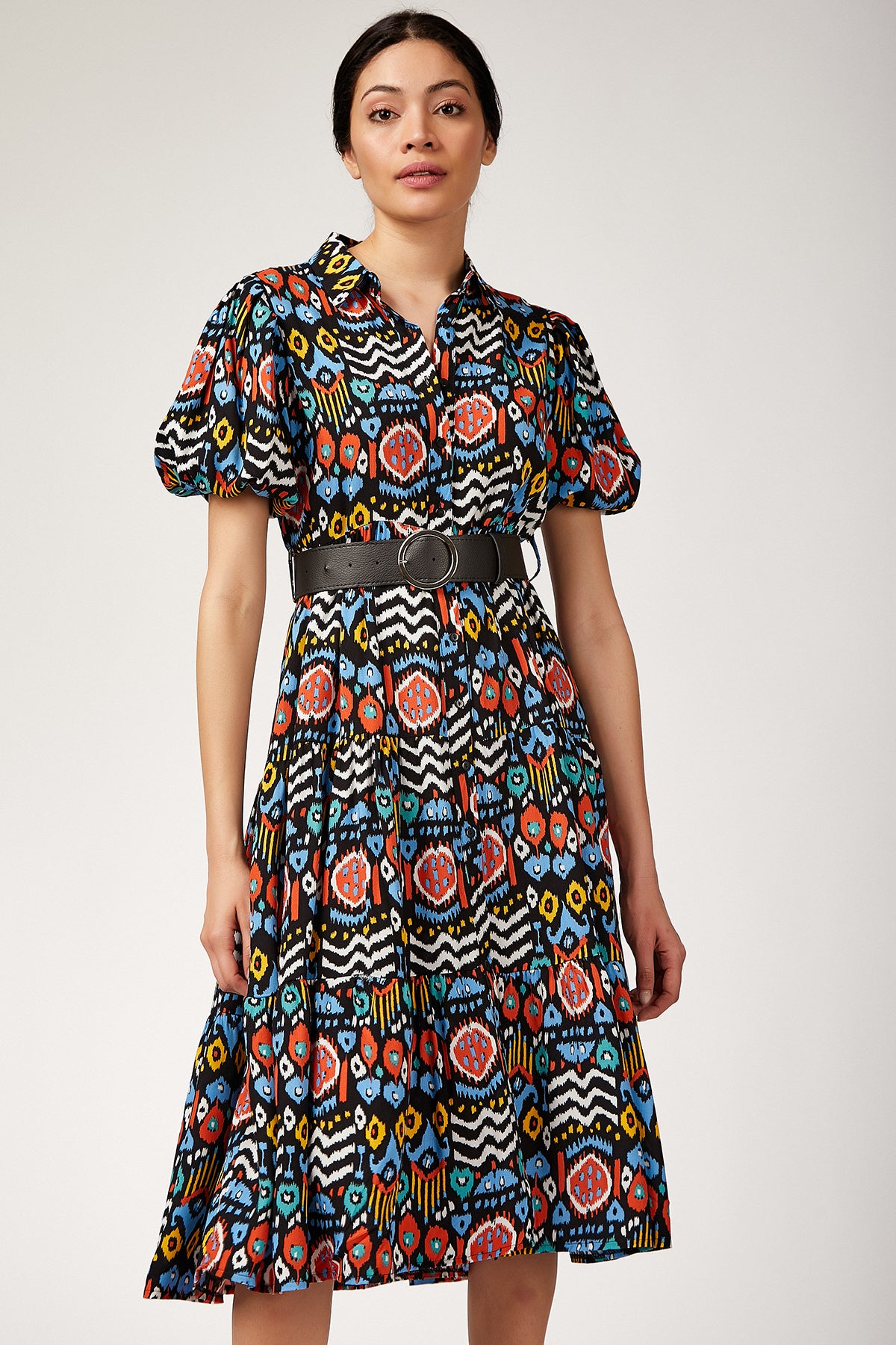 Image of Women's Balloon Sleeves Belted Dress