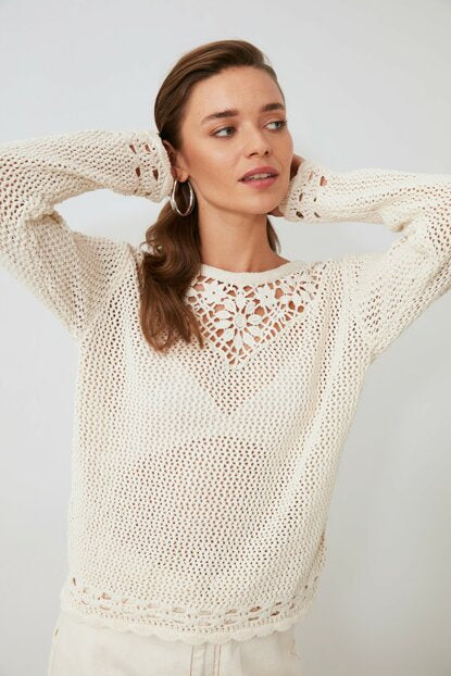 Image of Women's Lace Detail Beige Tricot Sweater