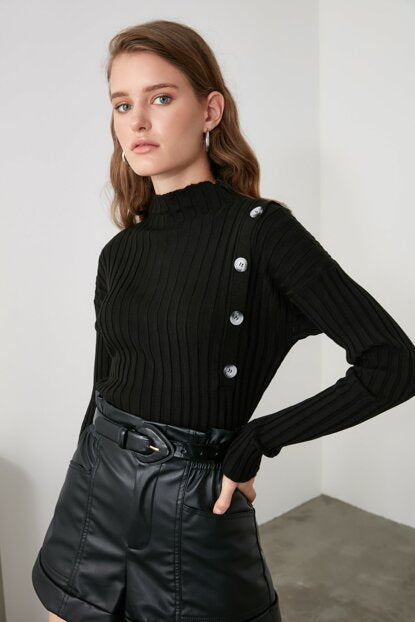 Image of Women's Button Detail Black Sweater