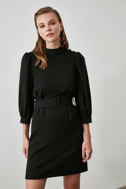 Image of Women's Belted Button Detail Black Dress