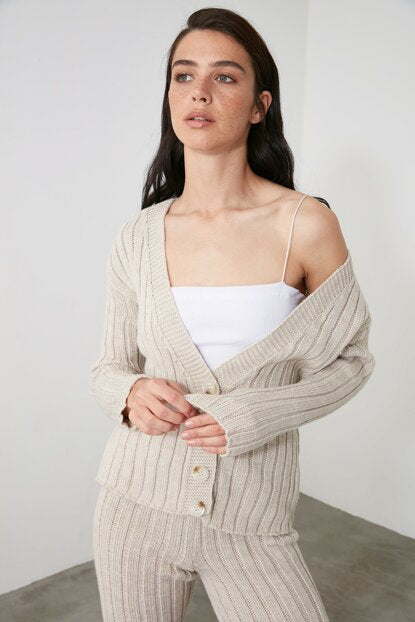 Image of Women's Beige Tricot Cardigan & Pants Set