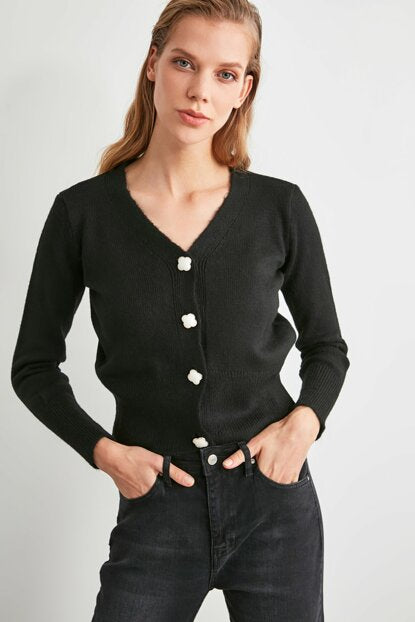 Image of Women's Button Black Tricot Cardigan