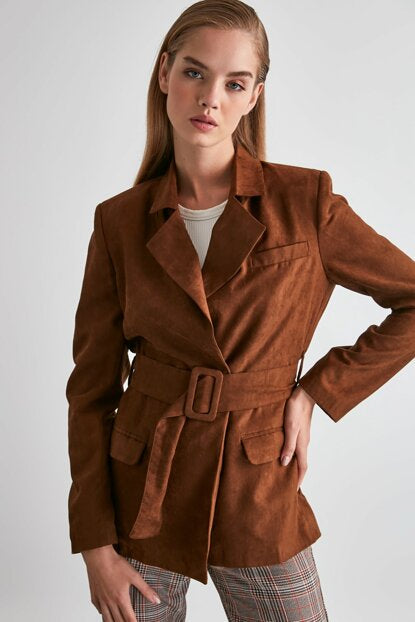 Image of Women's Belted Brown Suede Blazer Jacket