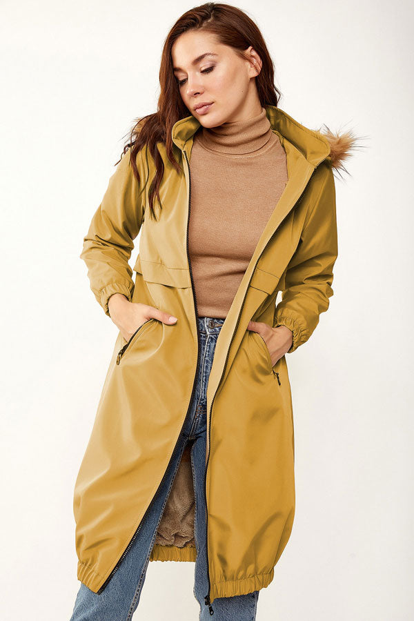 Image of Women's Hooded Inner Furry Mustard Coat