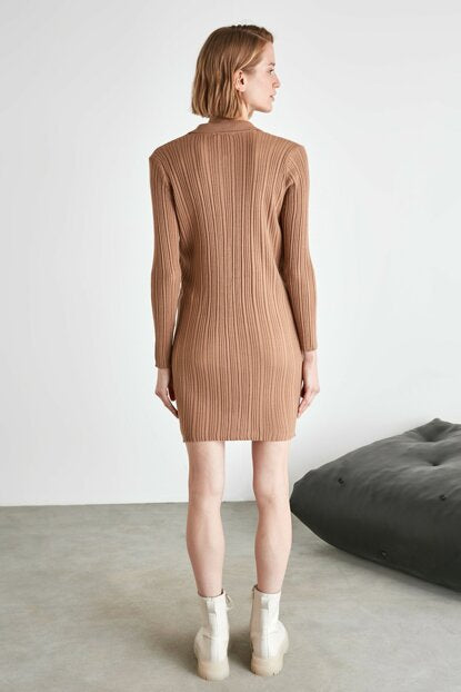 Image of Women's Button Detail Camel Tricot Dress