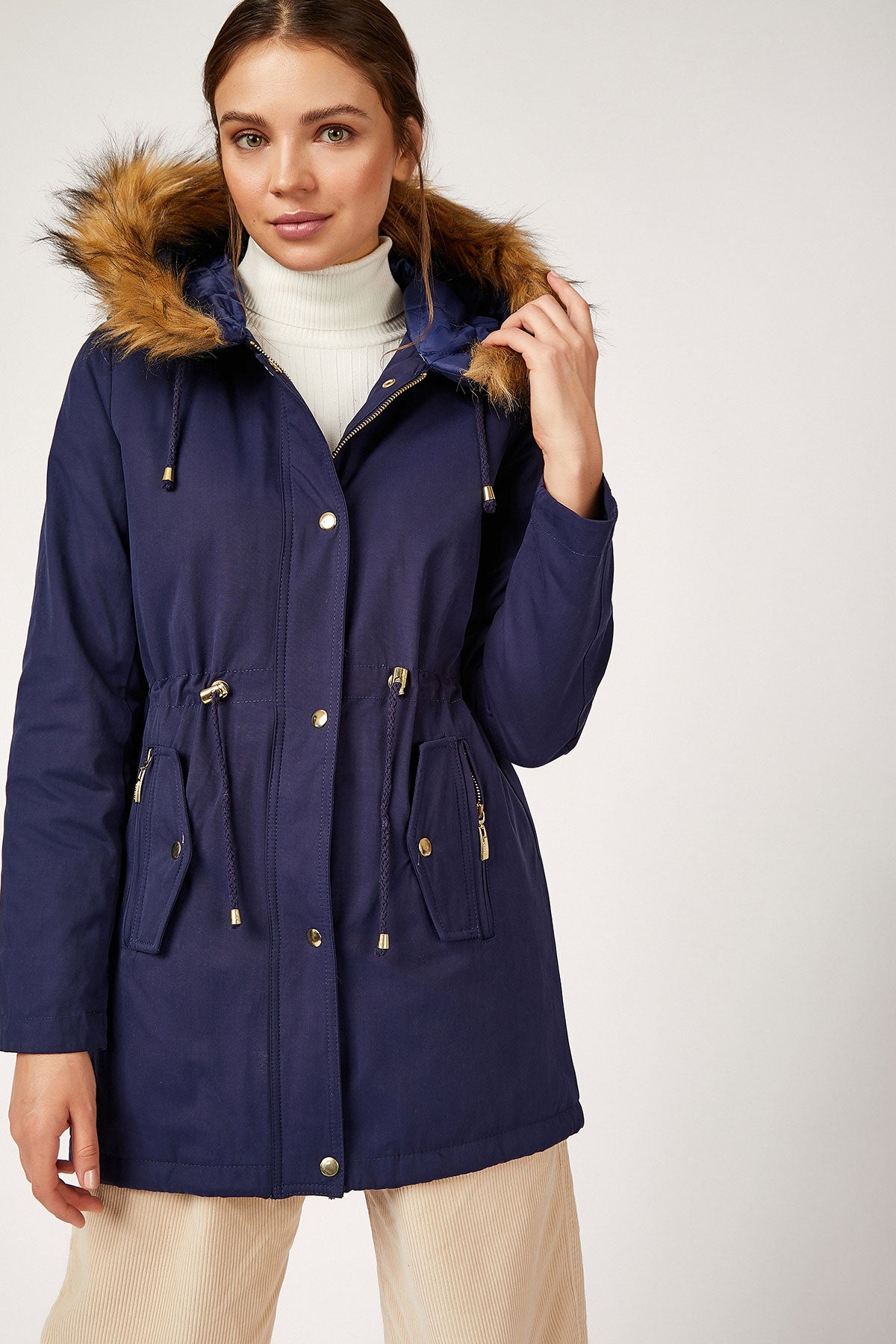 Image of Women's Fur Hooded Navy Blue Coat
