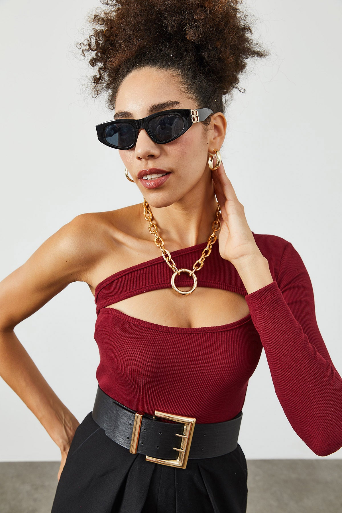 Image of Women's Cut Out Detail Claret Red Rib Blouse
