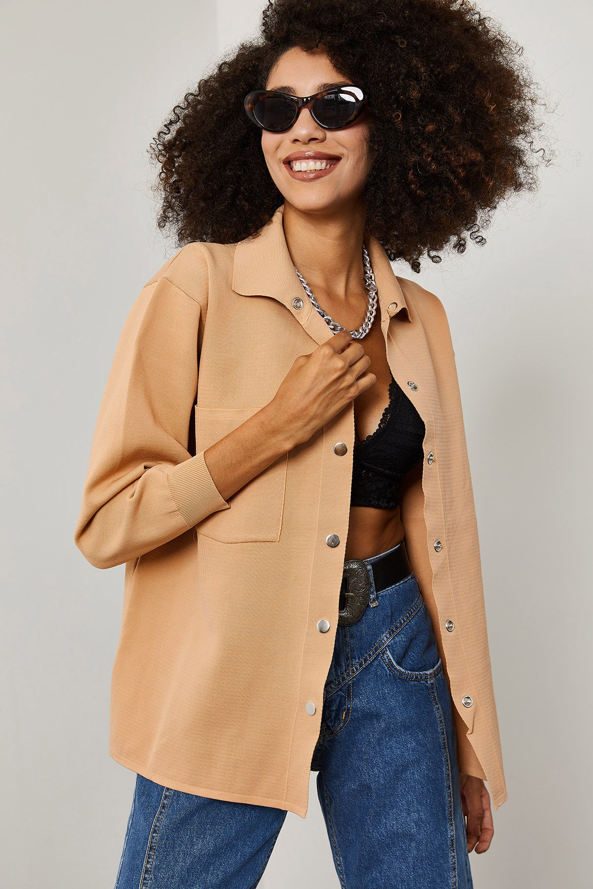 Image of Women's Snap Button Camel Cardigan