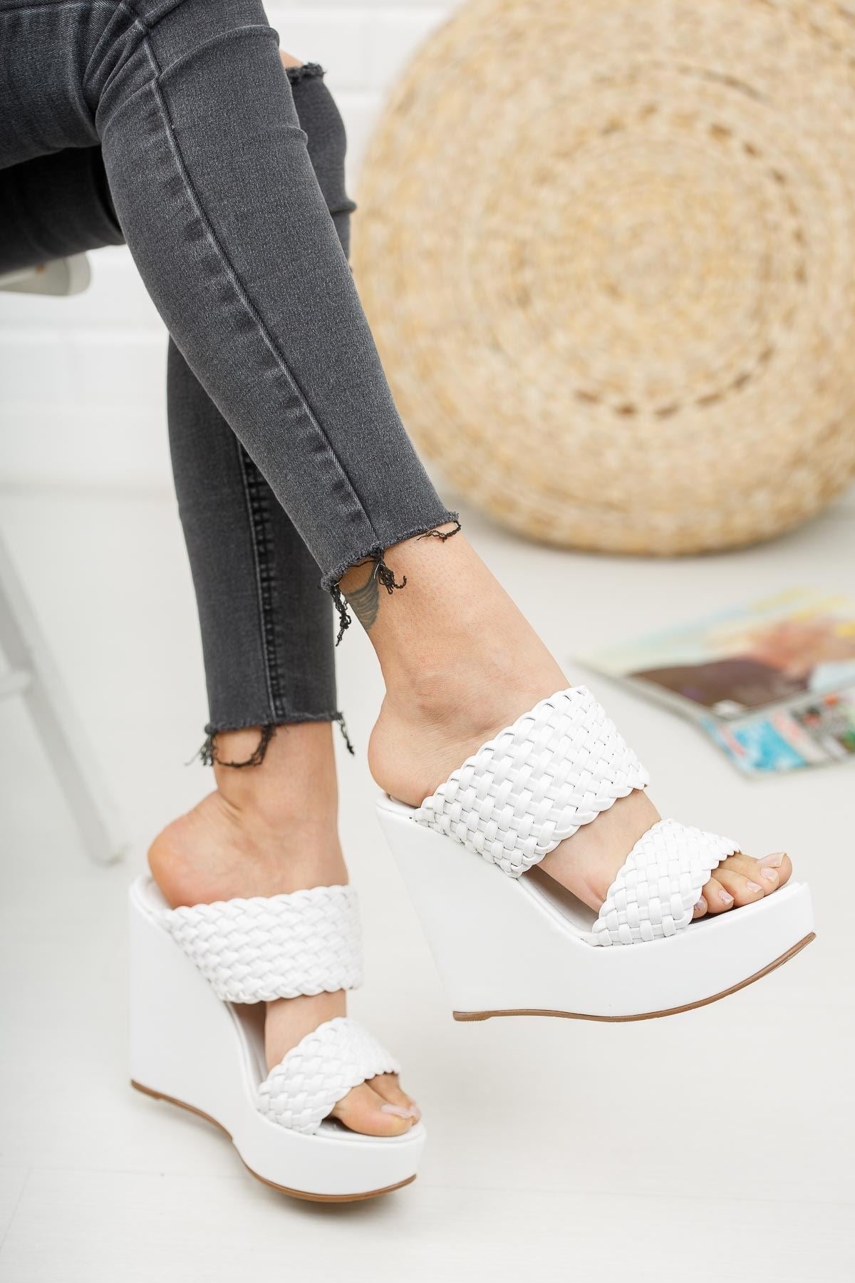 Image of Women's White Leather Wedge Slippers