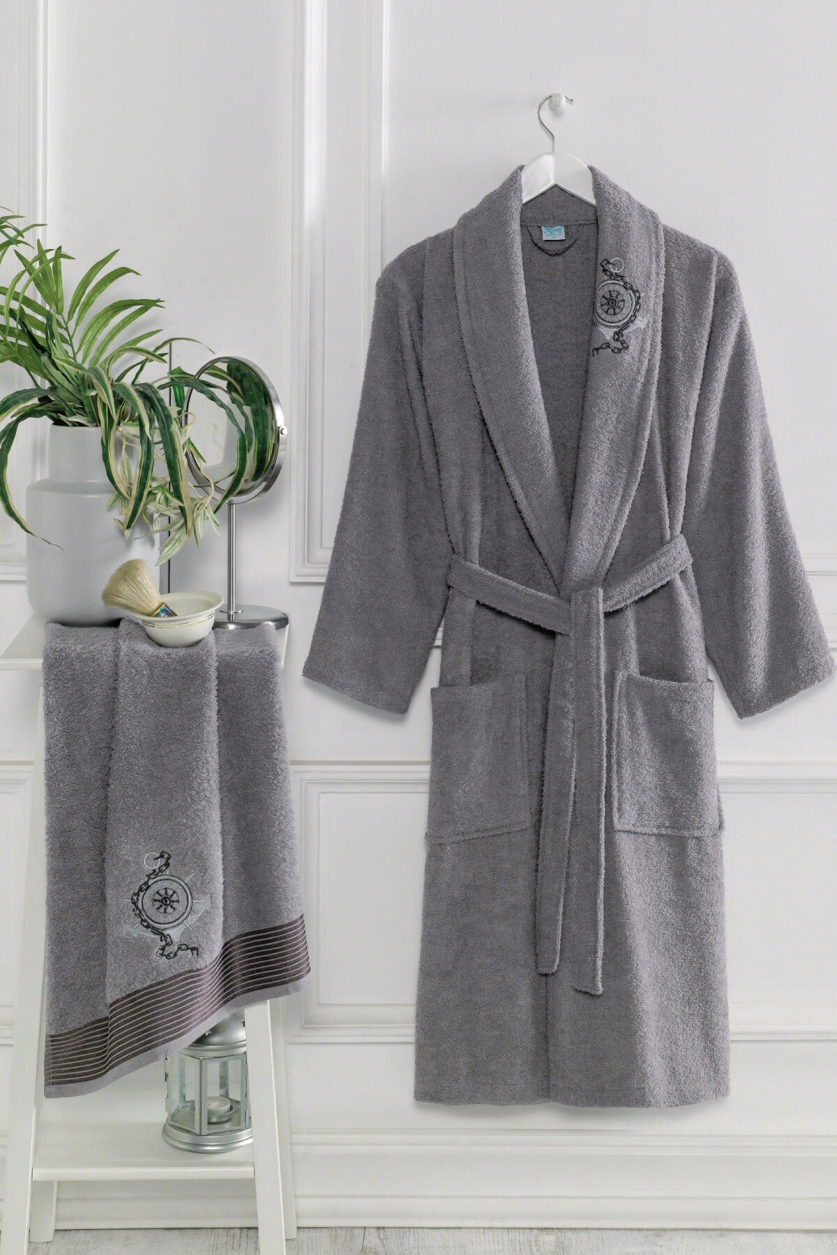 Image of Unisex Shawl Collar Cotton Bathrobe & Towel Set