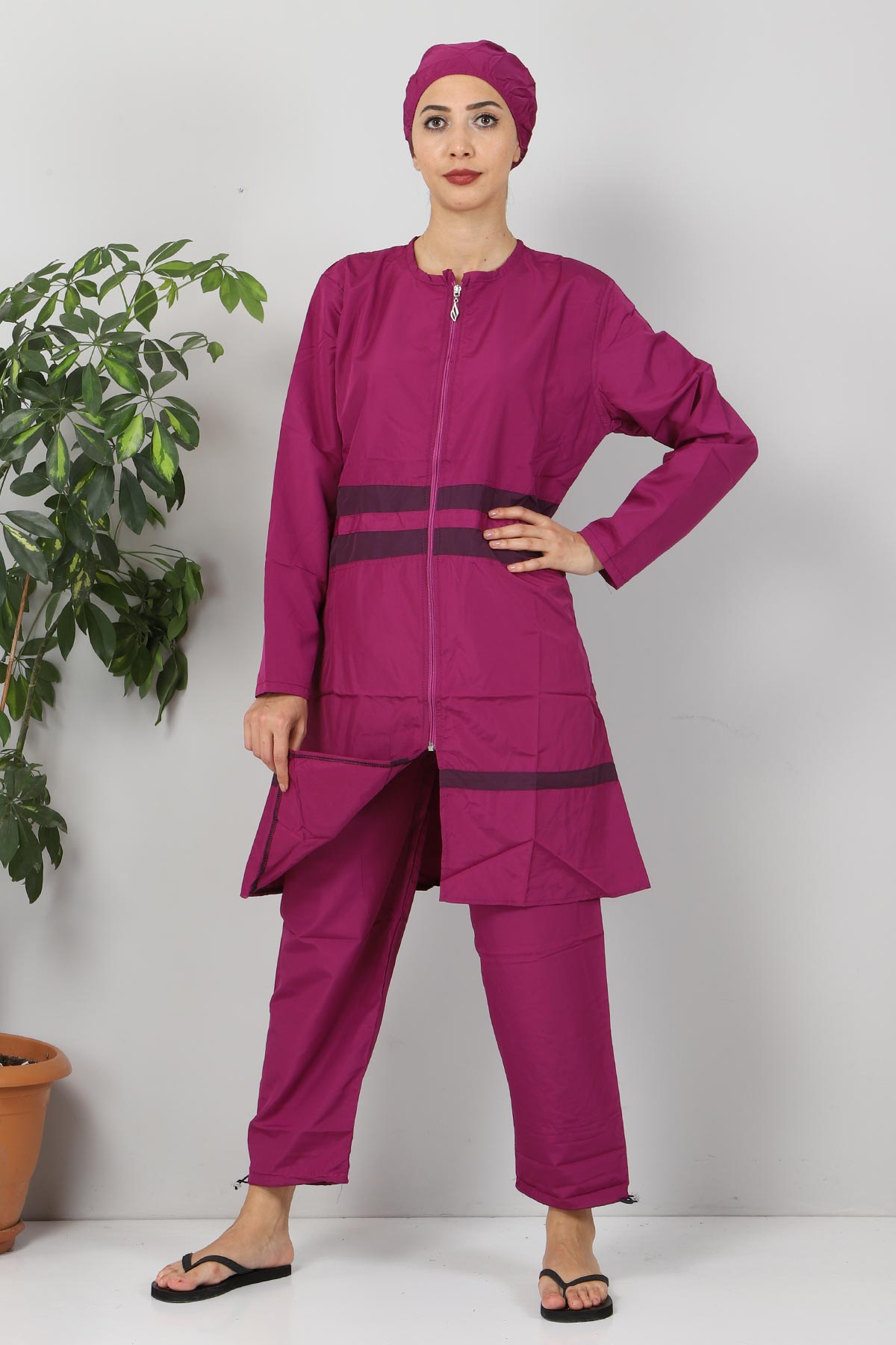 Image of Women's Purple Stripe Detail Damson Burkini Swimwear