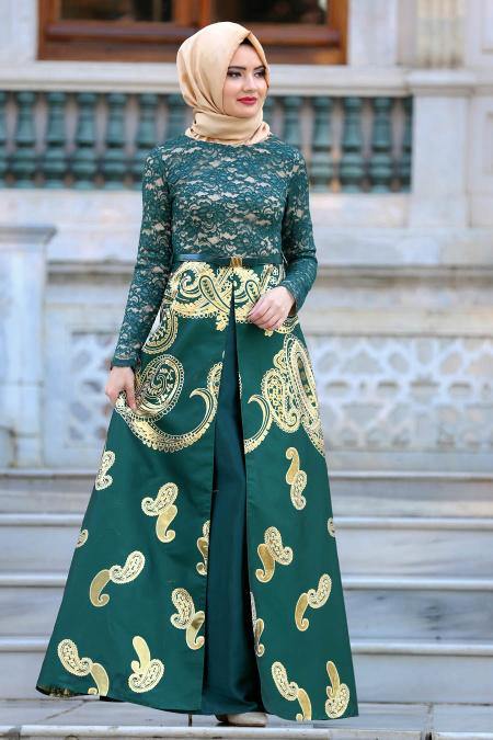 Image of Women's Patterned Green Jacquard Evening Dress