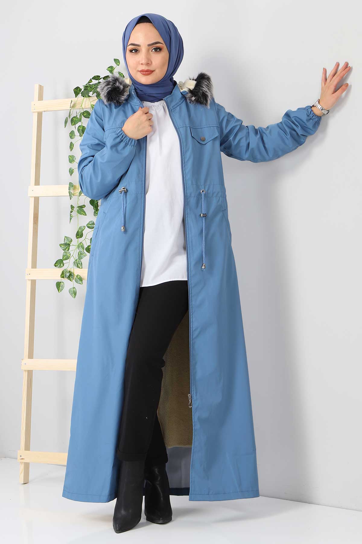 Image of Women's Zipped Long Blue Coat