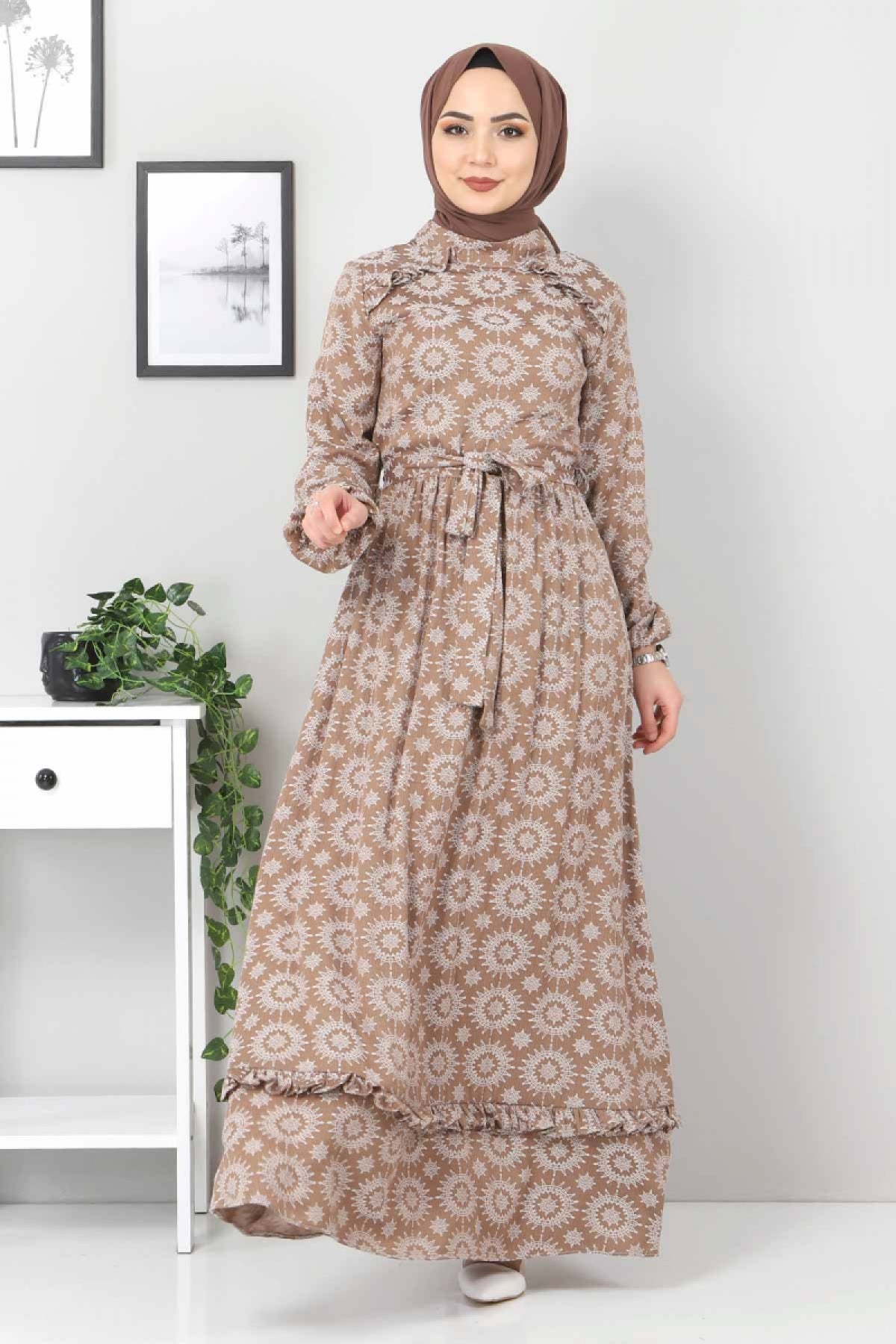 Image of Women's Frill Detail Brown Modest Dress