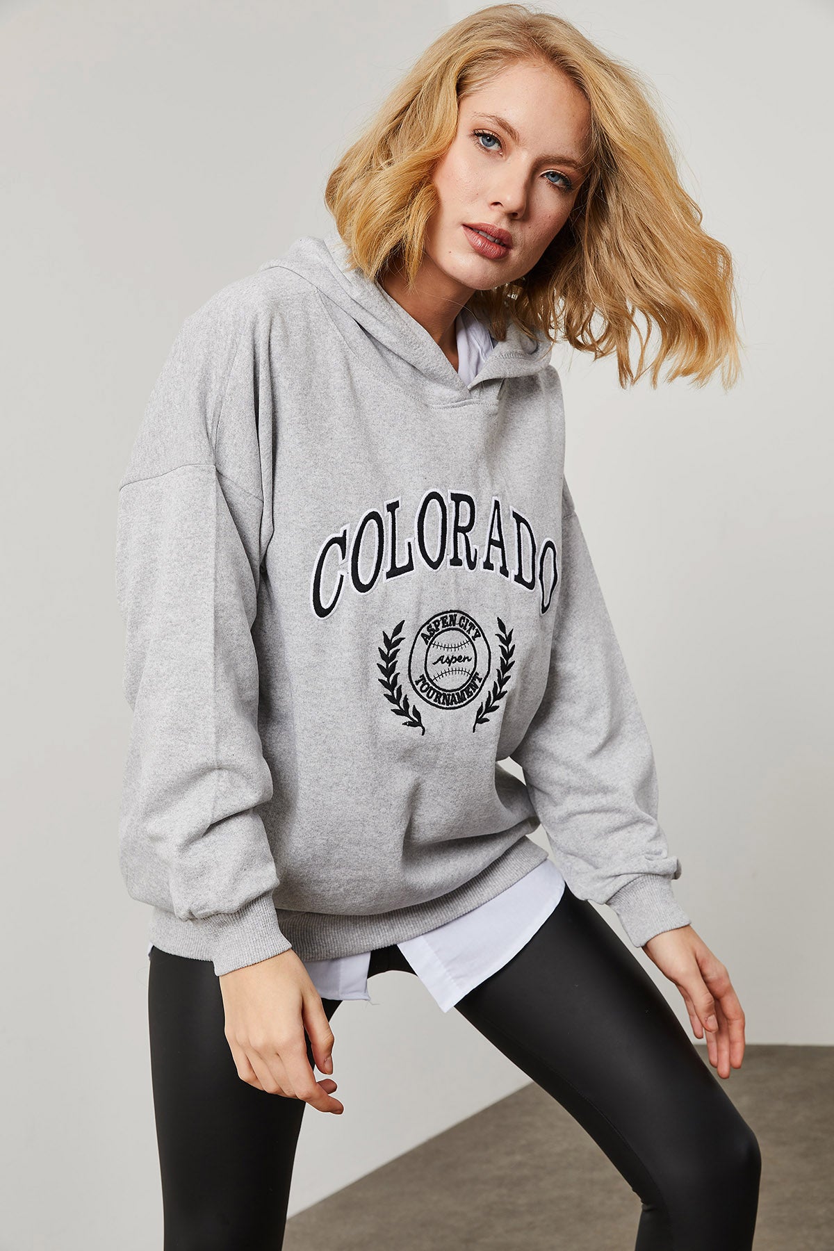 Image of Women's Hooded Printed Grey Sweatshirt