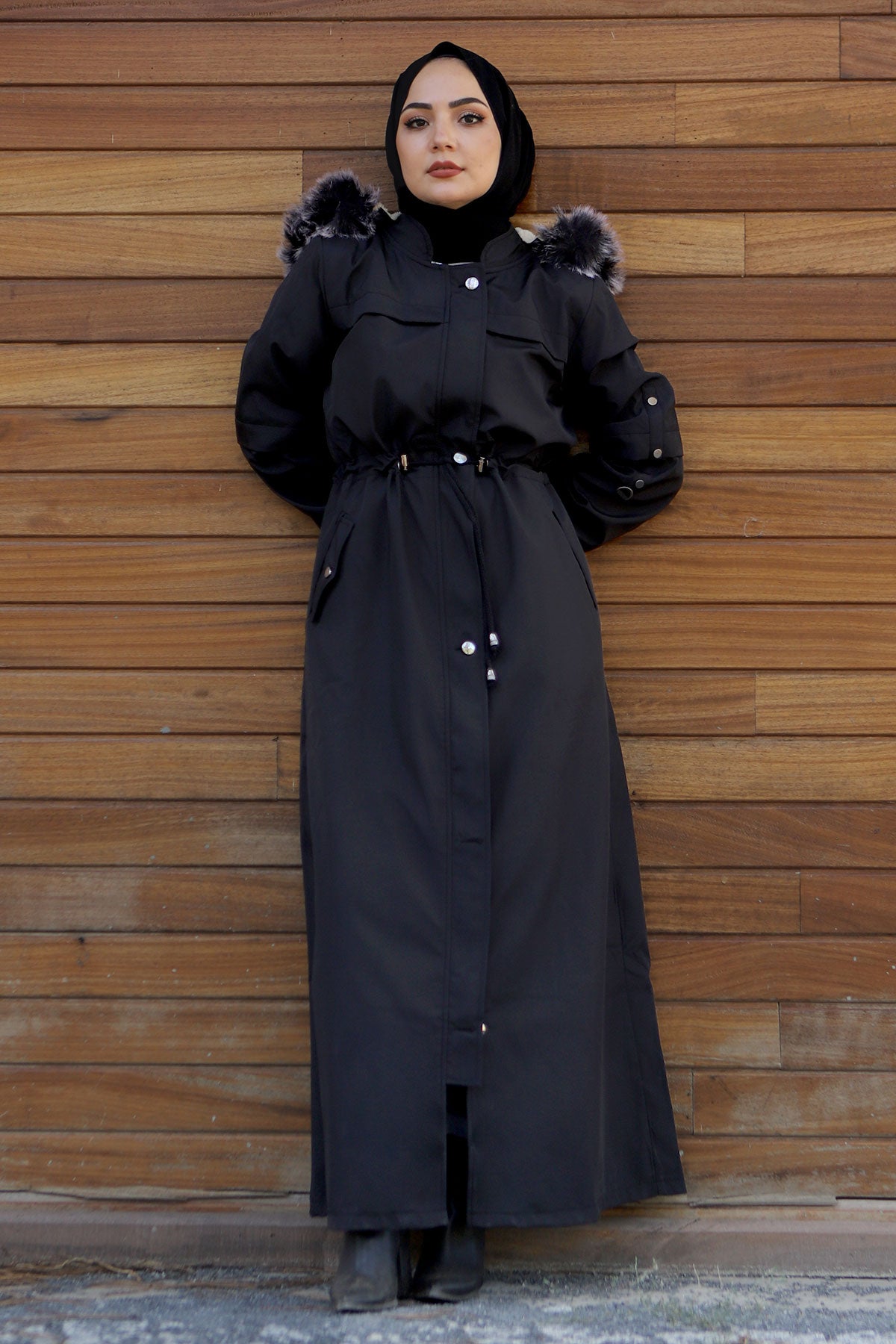 Image of Women's Inner Fur Long Black Coat